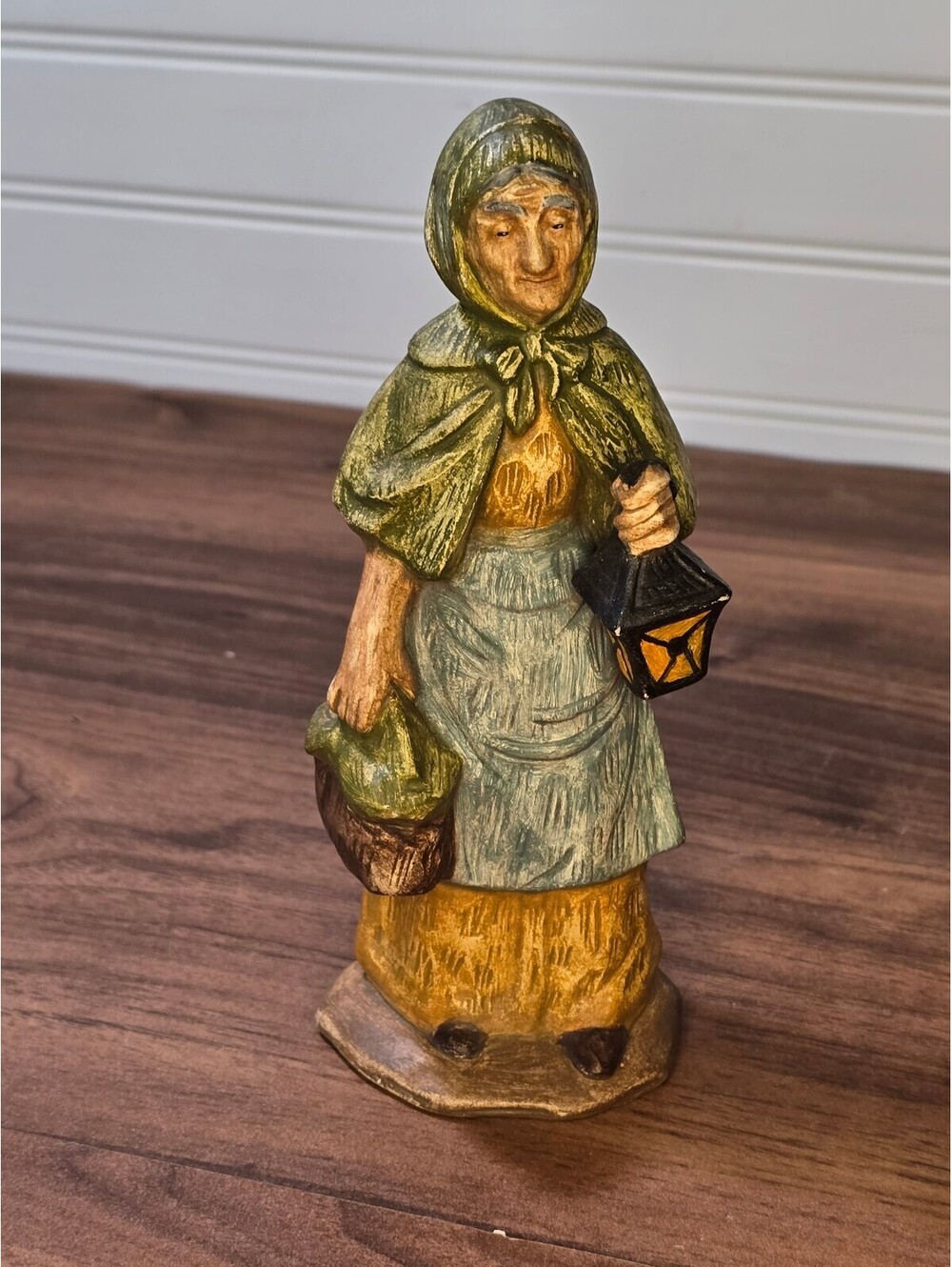 Hand-Painted Folk Art Old Woman with Lantern  Figurine Cottage Decor